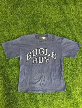 Bugle Boy T-Shirt Size L Blue Striped Logo Graphic